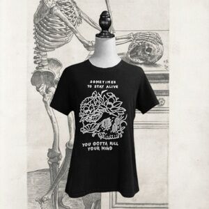 ChicYea Black & White Floral Skull Graphic Short Sleeve T-Shirt Size XL